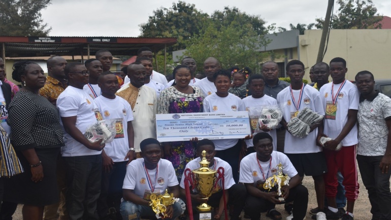 MUNICIPAL CHIEF EXECUTIVE HON. OPOKU AGYEMANG BONSU AND FRANCISCA OTENG MENSAH MP FOR KWABRE EAST PRESENTED A CHEQUE TO SIMMS SHS AND OUR LADY’S OF GRACE SHS FOR COMING FIRST AND THIRD FOR THIS YEAR’s ASHANTI REGIONAL INTER SCHOOL AND COLLEGES SOCCER CHAMPIONSHIP (MILO GAMES).